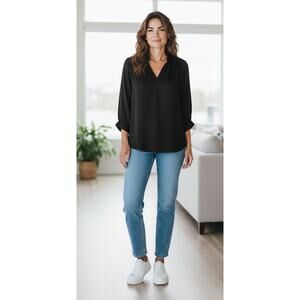 A-New York Black V-Neck Blouse Sz M Silky Long-Sleeve Loose Long Top Minimalist